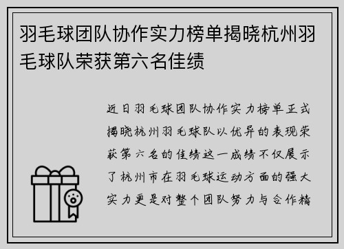 羽毛球团队协作实力榜单揭晓杭州羽毛球队荣获第六名佳绩